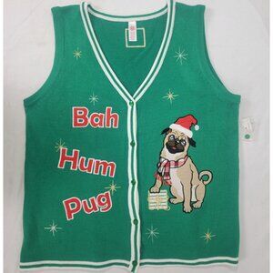 Bah Hum Pug Women's Christmas Vest Green Size XL 16 18 New Button Up Applique